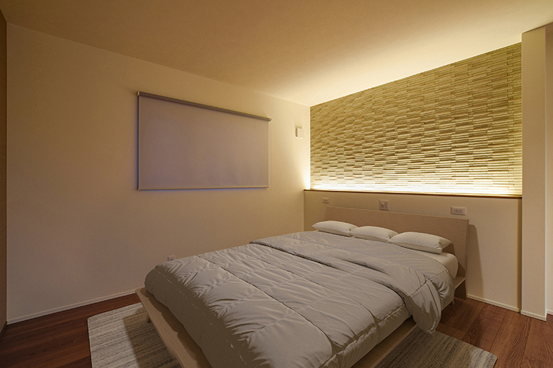 寝室はナチュラルで優しい木目の意匠とした。間接照明も配し安眠できる空間に仕上げた